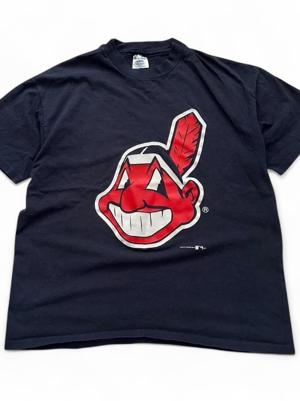 Vintage 1990s Cleveland Indians Logo Tee - navy with Red Graphic XL